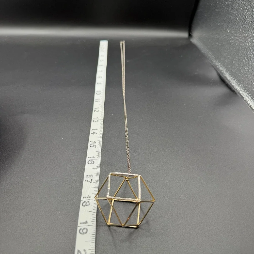 Two Tone Geometric Cube Pendant Necklace 3D Wireframe Modernist Statement Gift